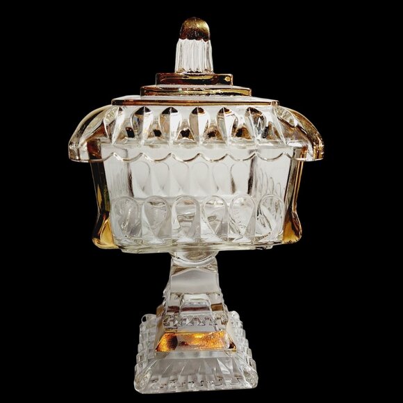 Jeannette Glass Wedding Bowl Lidded Pedestal Candy Dish Trinket Gold Trim - Picture 2 of 11